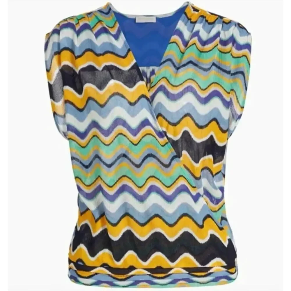 RAMY BROOK Top NEW Size XXS Myra Wave Blouse $325 Blue Yellow Green - Picture 4 of 8
